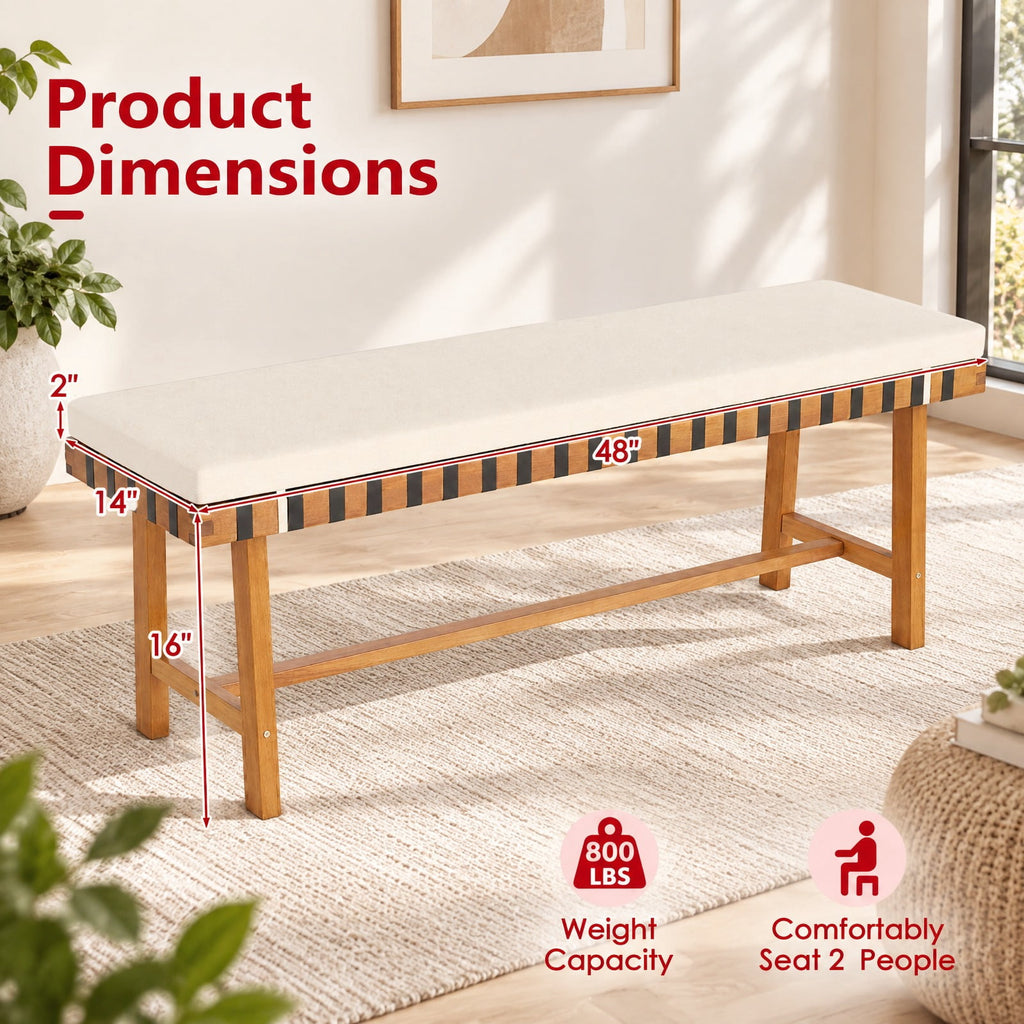 Airfind 48 inch Acacia Wood Outdoor Bench with Thick Padded Seat Cushion, 800 lbs Capacity, Acacia Wood Weaving Ropes Polyester Fabric Sponge Frame