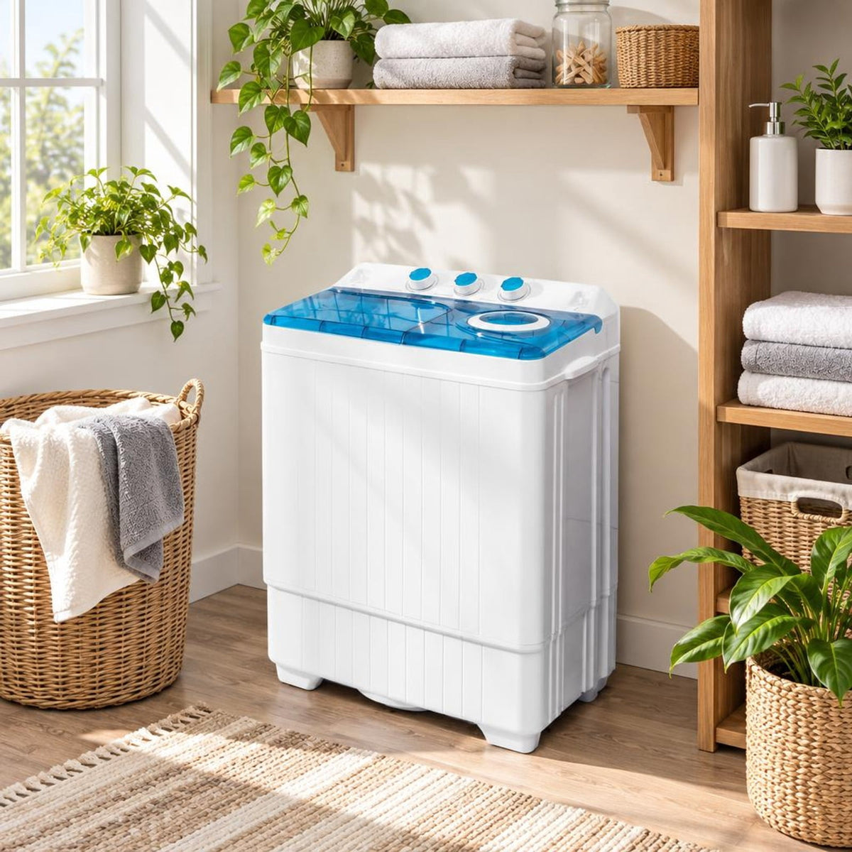 Airfind 26lbs Portable Semi-Automatic Twin Tub Washing Machine with Drain Pump, PP ABS Rated Frame, 27.5 x 16 x 32 Footprint, Blue