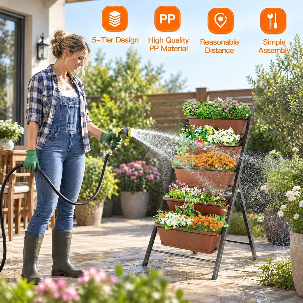 Airfind 5-tier Vertical Garden Planter Box Elevated Raised Bed with 5 Container, PP Iron Frame, 22.5 x 29 x 48.5 Footprint, Brown