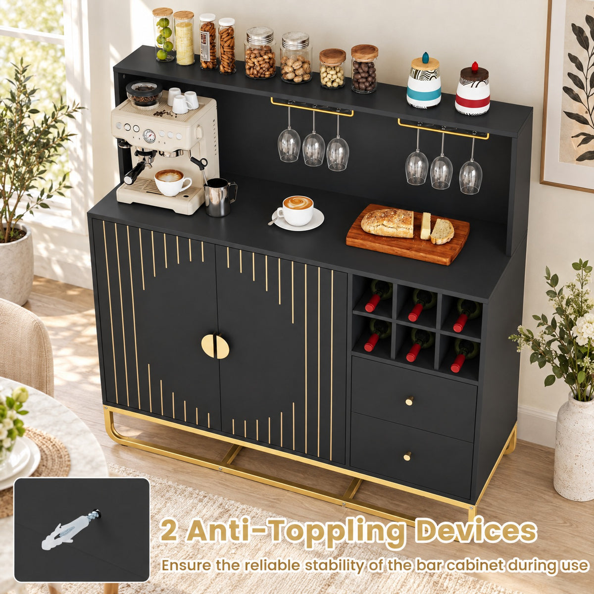 Airfind Home Bar Cabinet with Wine Rack Glass Holder and Adjustable Shelf, 47 Inch x 16 Inch x 48.5 Inch Inner Footprint, Black