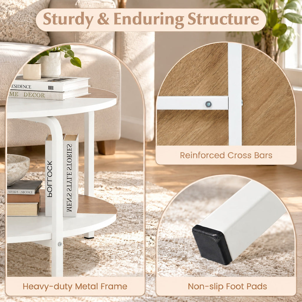 Airfind 2-Tier Round Coffee Table Metal Frame with Storage Shelf-Natural and White, 220 lbs Capacity, Engineered Wood Metal Frame, Coffee