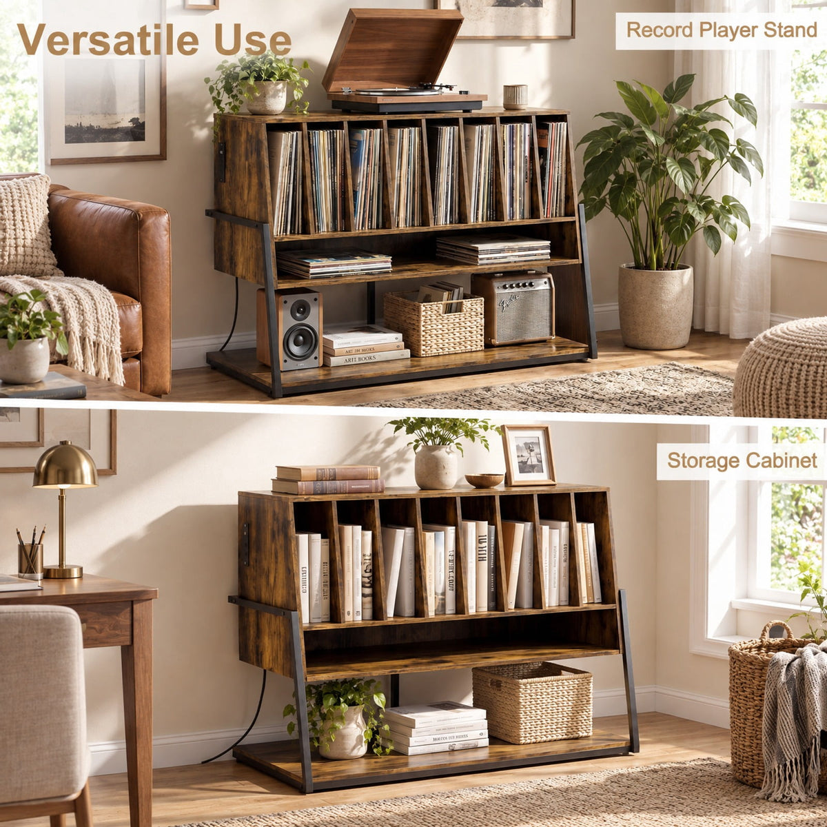 Airfind Turntable Stand with Charging Station and Vinyl Storage Shelves, 44 lbs Capacity, Engineered Wood MDF Metal Frame, Brown
