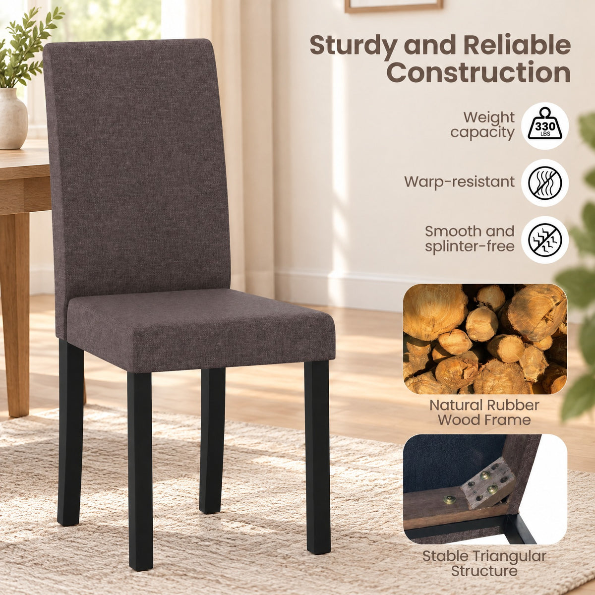 Airfind Set of 2 Dining Chair Mid-Century Modern Fabric Upholstered Parson Chairs, Chair 330 lbs Capacity, 17in x 22in x 35.5in Footprint, Brown