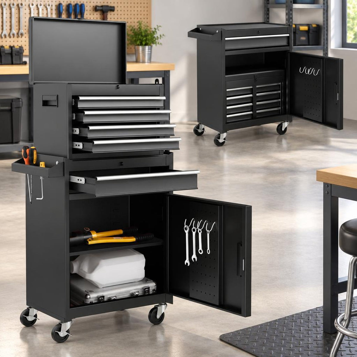 Airfind 2-in-1 Tool Chest and Cabinet with 5 Sliding Drawers, 220.5 lbs Capacity, Steel rubber-plastic synthetic Frame, Black