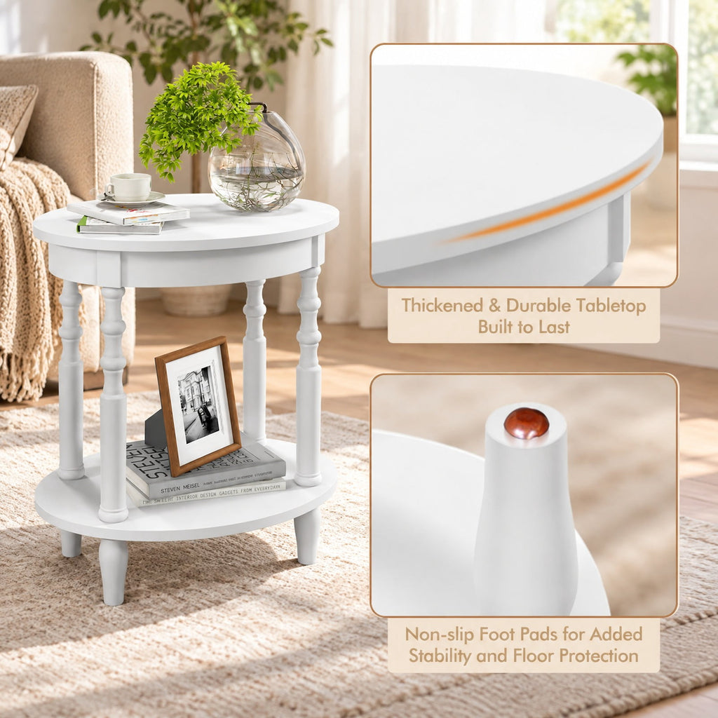 Airfind 2-Tier Oval Side Table with Storage Shelf and Solid Wood Legs, 245 lbs Capacity, MDF Rubber Wood Frame, White