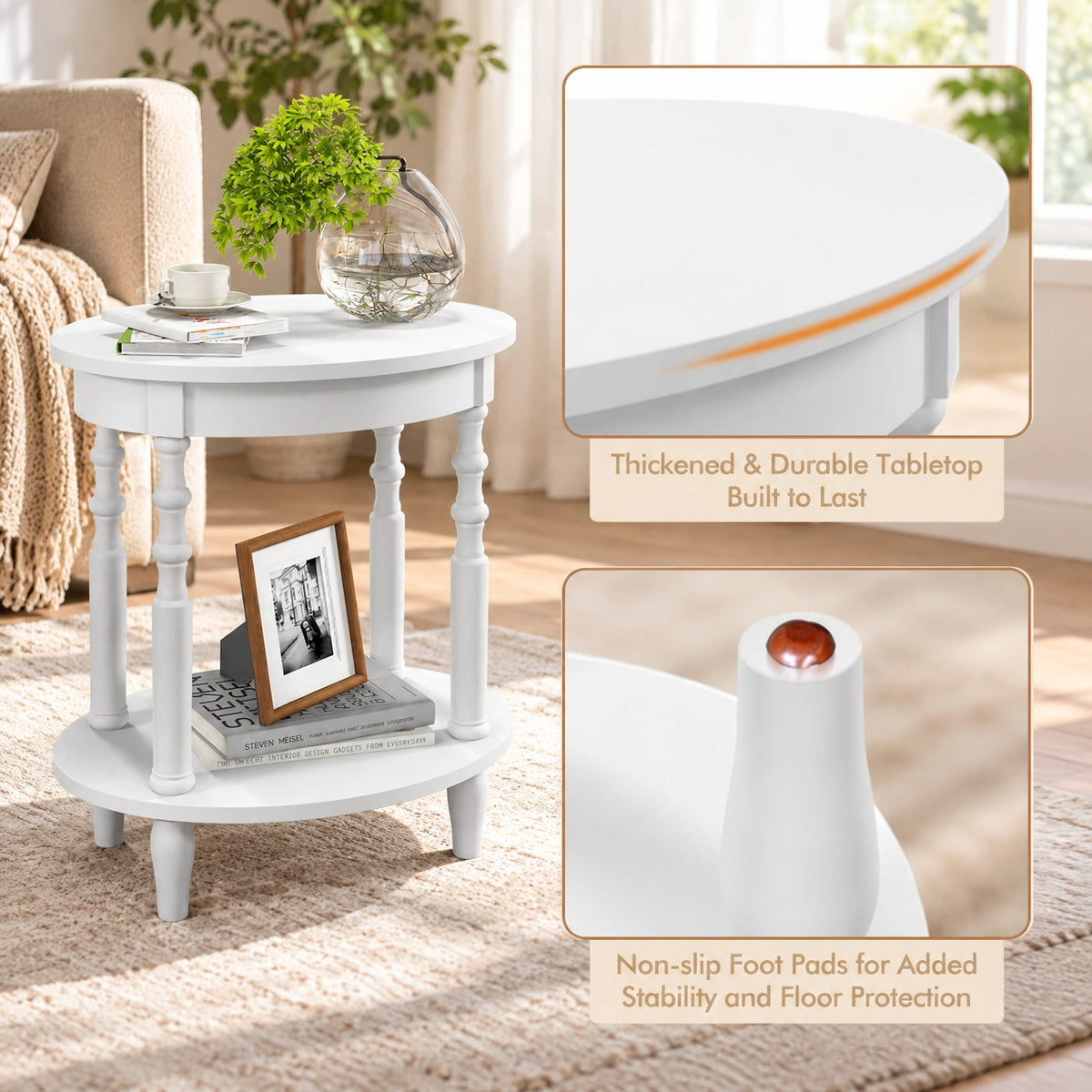 Airfind 2-Tier Oval Side Table with Storage Shelf and Solid Wood Legs, 245 lbs Capacity, MDF Rubber Wood Frame, White