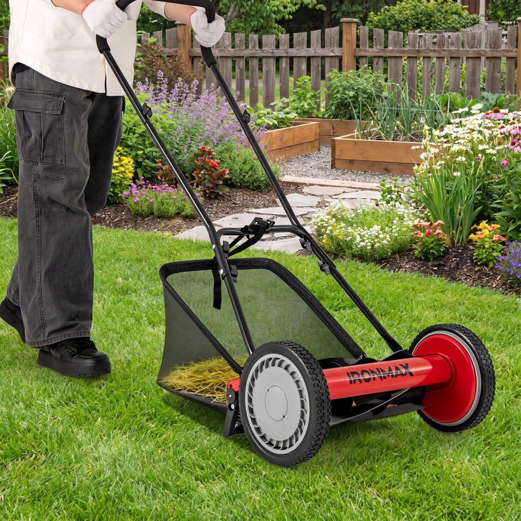 Airfind 16 Inch Push Lawn Mower with 5 Steel Blades and Grass Catcher Bag, Manganese Steel Metal PVC PP Frame, Red