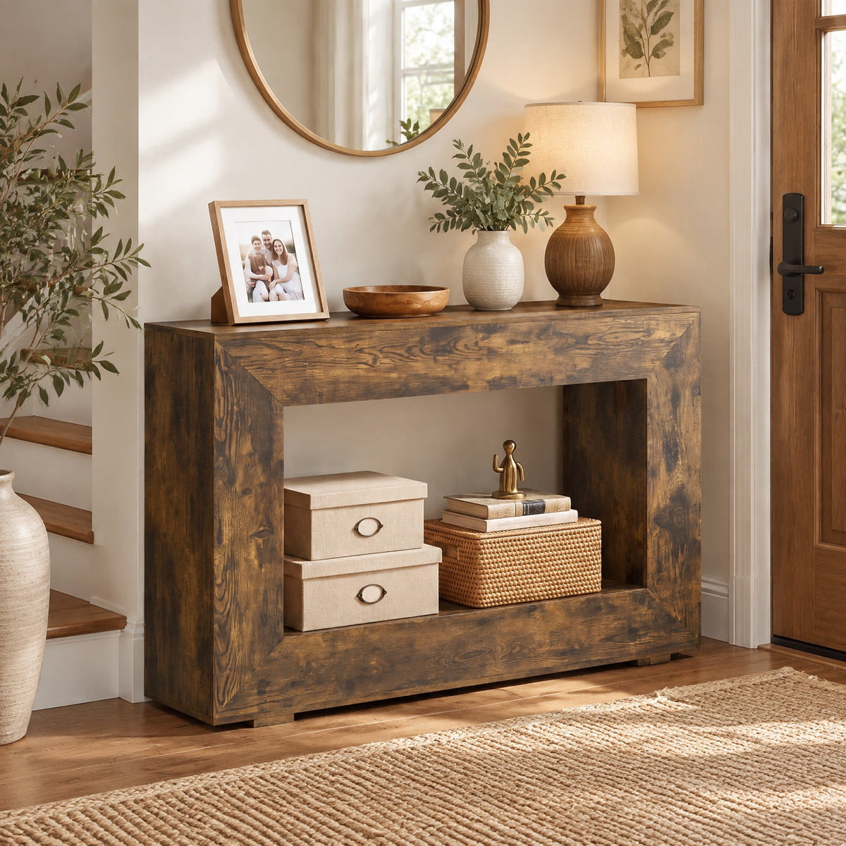 Airfind 47 Inch 2-Tier Farmhouse Console Table with Open Storage Shelf for Living Room, 47 Inch x 12 Inch x 33 Inch Middle Footprint, Brown
