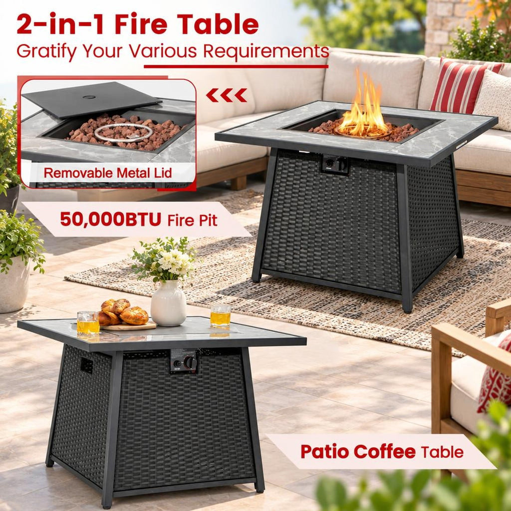 Airfind 35 Inch Propane Gas Fire Pit Table Wicker Rattan with Lava Rocks PVC Cover, 330 lbs Capacity, Steel stainless steel marble PE rattan Frame
