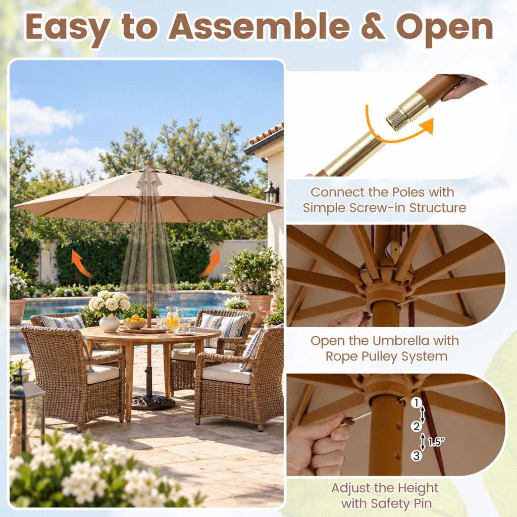 Airfind 9 FT Patio Umbrella Outdoor Table Market Umbrella with 8 Sturdy Bamboo Ribs, Polyester Fabric Bamboo Umbrella Frame, Brown