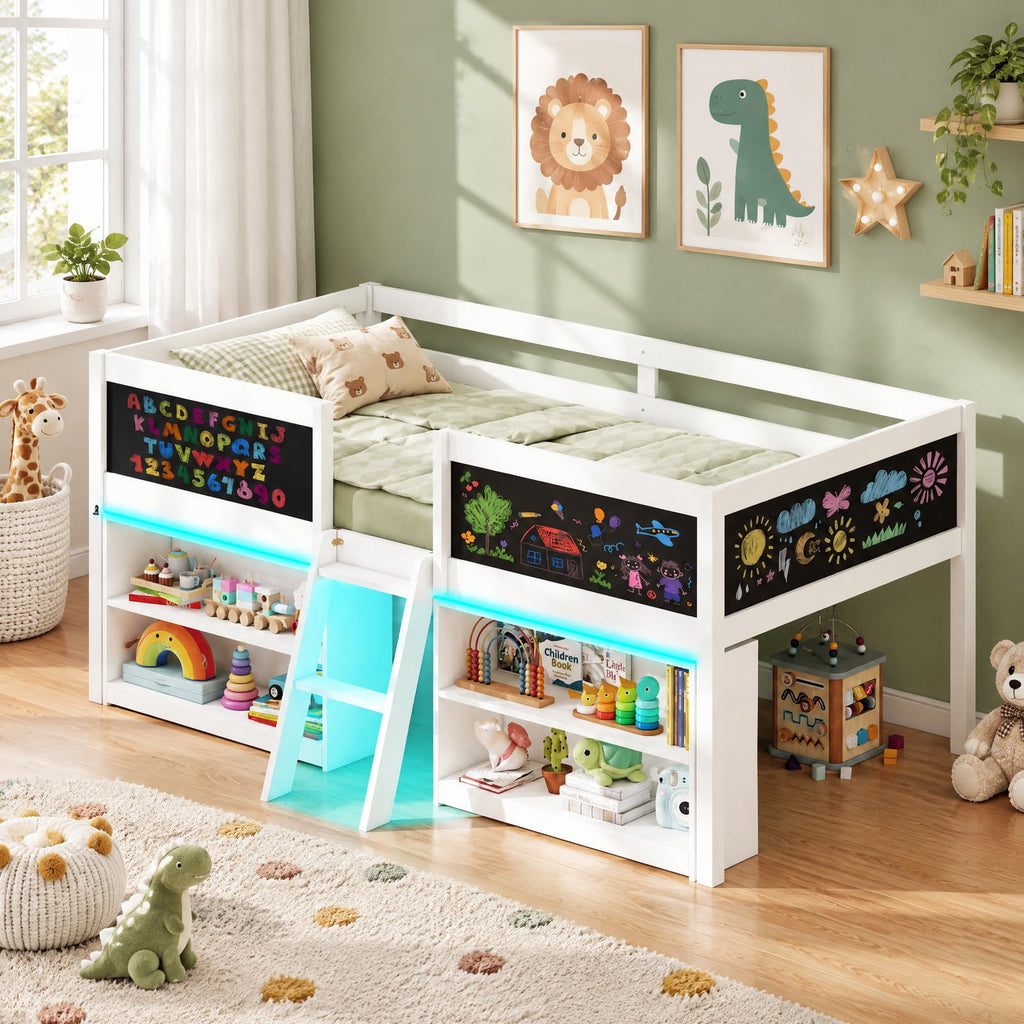 Airfind Low Loft Bed with LED Lights Youth Cabin Bed with Bookcases, 250 Lbs Capacity, Solid Wood Plywood MDF Engineered Wood, White