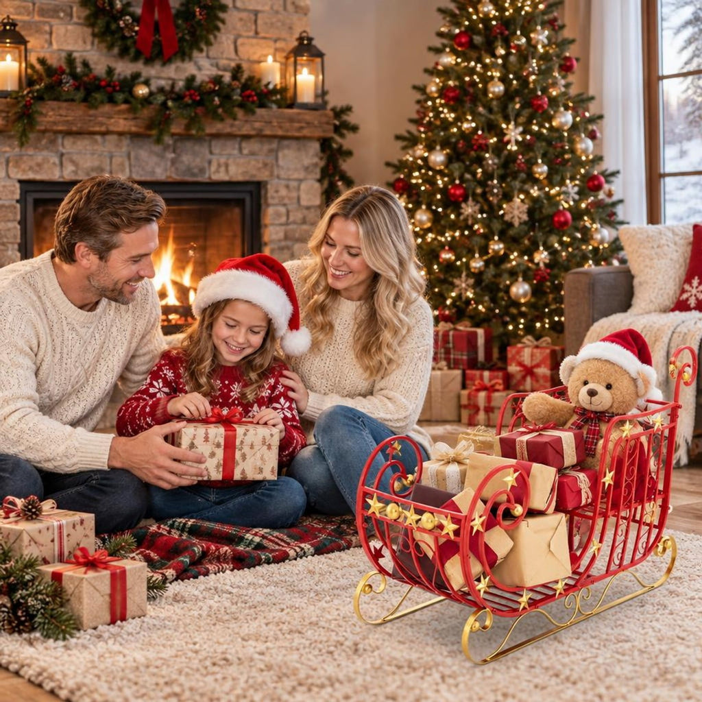 Airfind Metal Christmas Santa Sleigh with Large Cargo Area for Gifts, Metal Frame, 39 Inch x 14 Inch x 24 Inch Footprint, Red + Golden