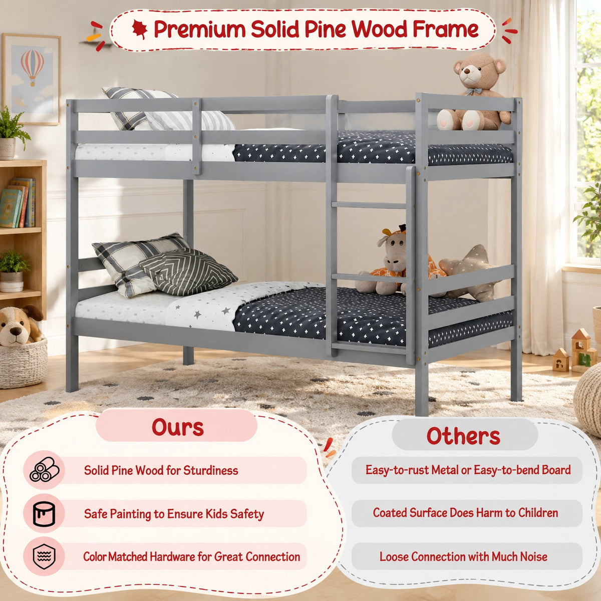 AIRFIND Twin Over Twin Bunk Bed with Pine Wood Frame, Plywood Slats, Inclined Ladder, Guardrails and Wall Brackets, Mattress Not Included, Gray