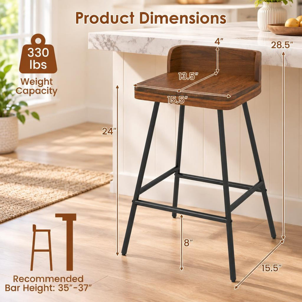 Airfind Set of 2 Counter Height Bar Stool with Low Back Metal Legs and Footrest for Kitchen Island, Bar Stool 330 lbs Capacity, Brown
