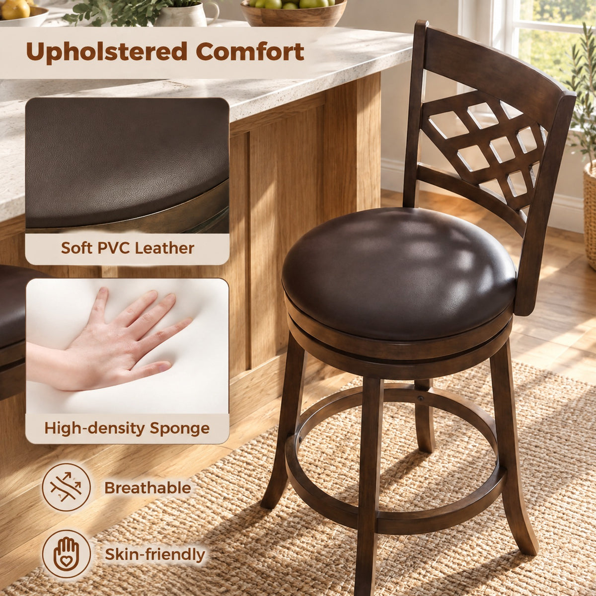 Airfind 26 Inch Counter Height Bar Stools Set of 2 with Rubber Wood Frame-26 Inch, 330 lbs Capacity, Rubber Wood PVC Leather Sponge Frame, Wood