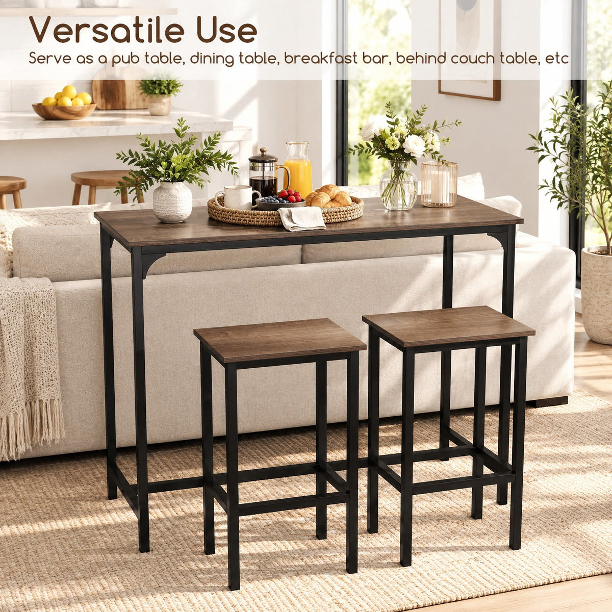Airfind Industrial 3-Piece 47.5 Counter-Height Dining Table and 2 Bar Stools, 200 lbs Capacity, Metal Engineered Board Frame, Gray