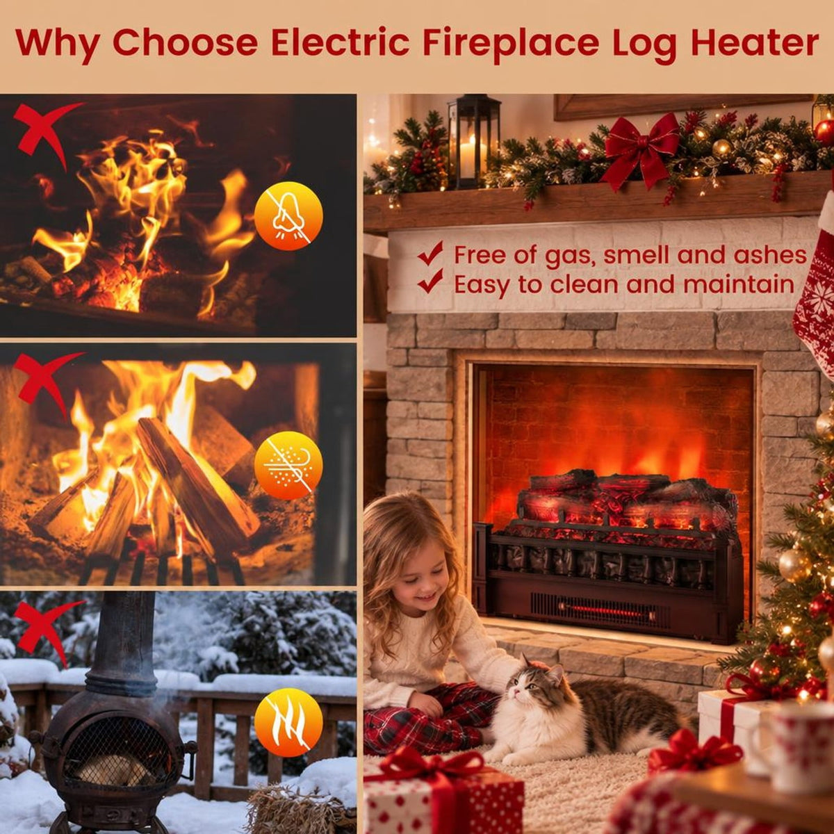 Airfind 20 Inch Electric Fireplace Heater with Realistic Pinewood Ember Bed, Black, Easy to operate with functional control panel