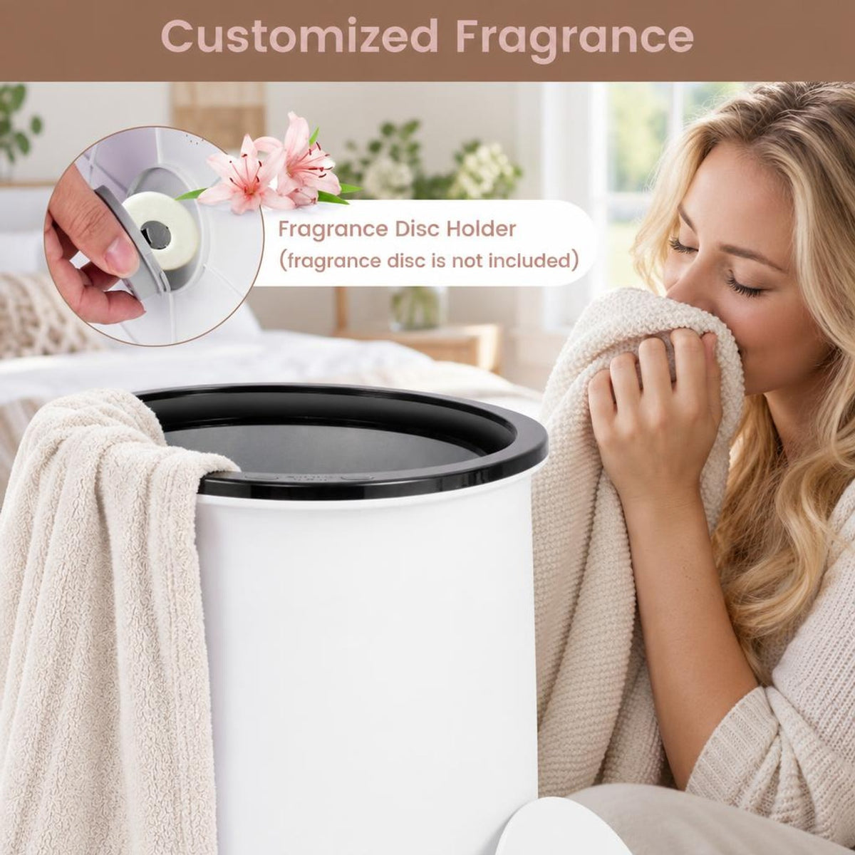 Airfind 23L Large Luxury Bucket-Style Towel Warmer with Fragrant Disc Holder, Plastic Frame, 13.5in x 21in (Dia. x H) Rated Footprint, Black