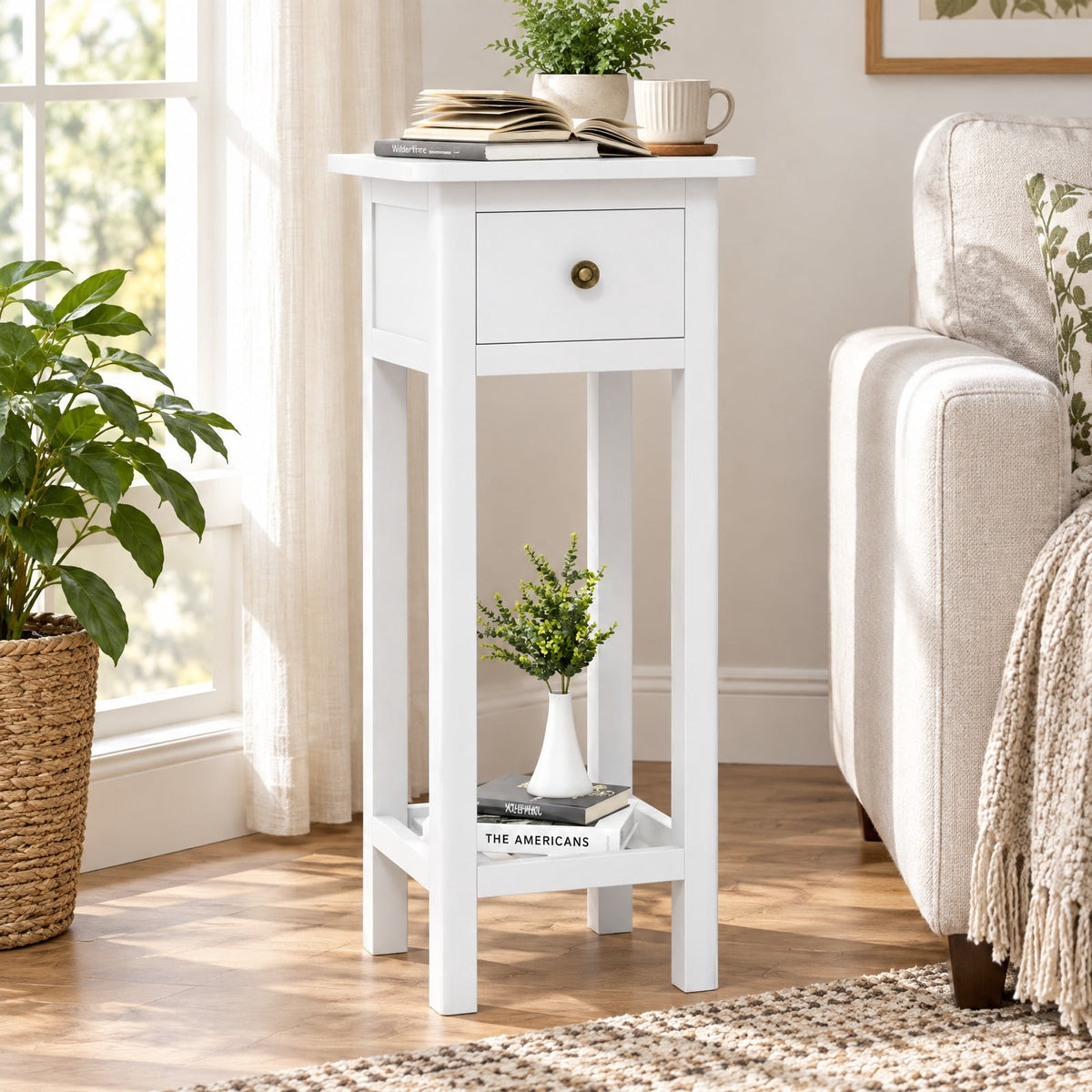 Airfind 2 Tier Slim Nightstand Bedside Table with Drawer Shelf, 155 lbs Capacity, Acacia Wood MDF Frame, 11.5 x 13.5 x 31.5 Footprint, White