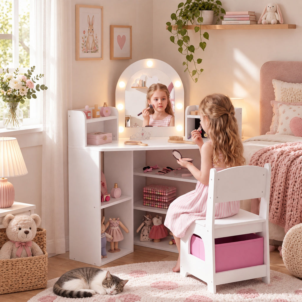 Airfind 2-In-1 Kids Vanity Set with Lights and Ring Slots for Toddlers 3+ Years Old, 45 lbs Capacity, MDF Non-woven Fabric Frame, White