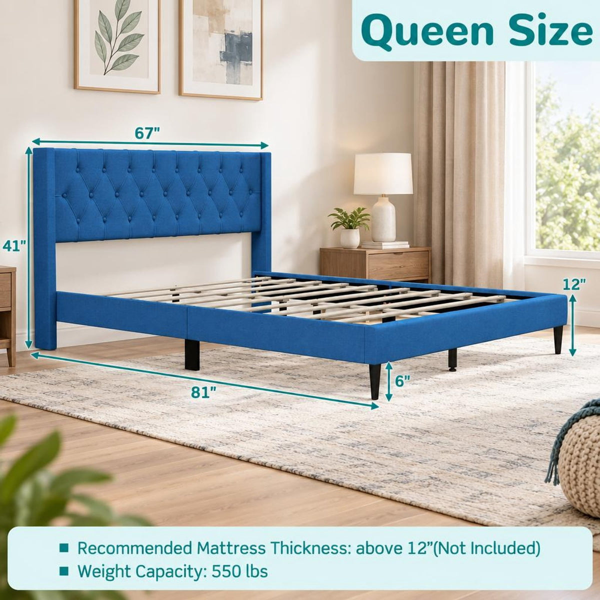Airfind Queen Size Upholstered Platform Bed with Button Tufted Wingback Headboard, 550 lbs Capacity, Blue