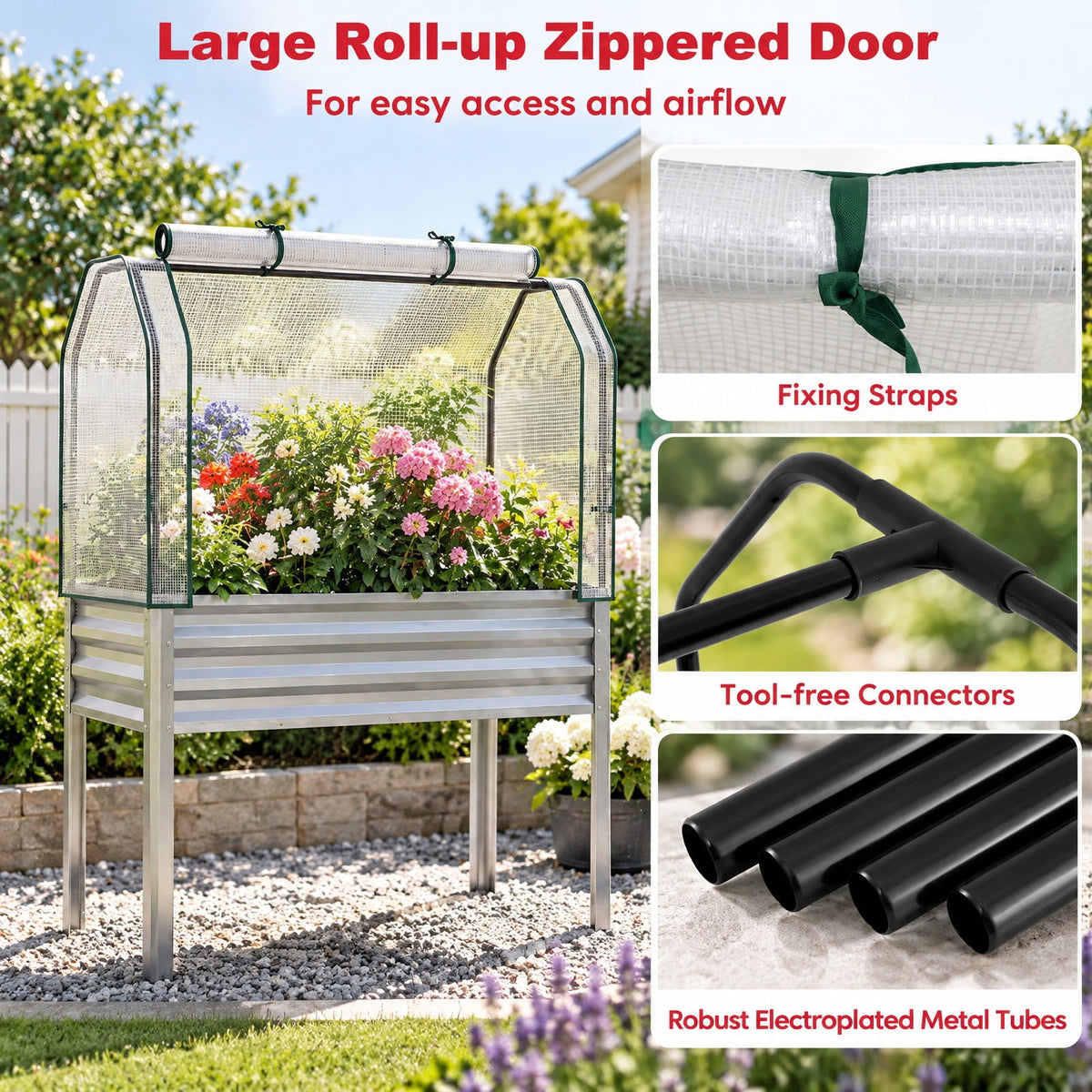 Airfind Galvanized Raised Garden Bed with Legs and Greenhouse Cover for Vegetable Flower, 175 LBS Capacity, Electroplated Metal PE Frame, Silver