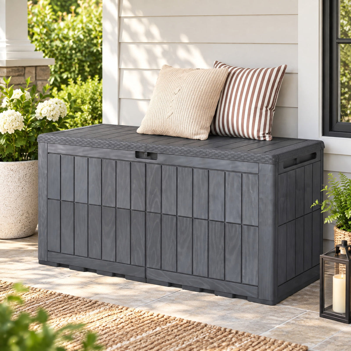 Airfind 120 Gal Outdoor Deck Box with Lid and Handles for Garden Tools, 540 lbs Capacity, PP Metal, 52 Inch x 24 Inch x 25 Inch , Gray
