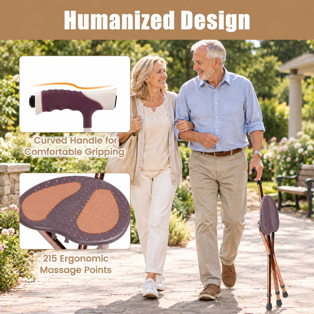 Airfind Lightweight Adjustable Folding Cane Seat with Light, 220 lbs Capacity, 10 x 8.5 Footprint, Brown