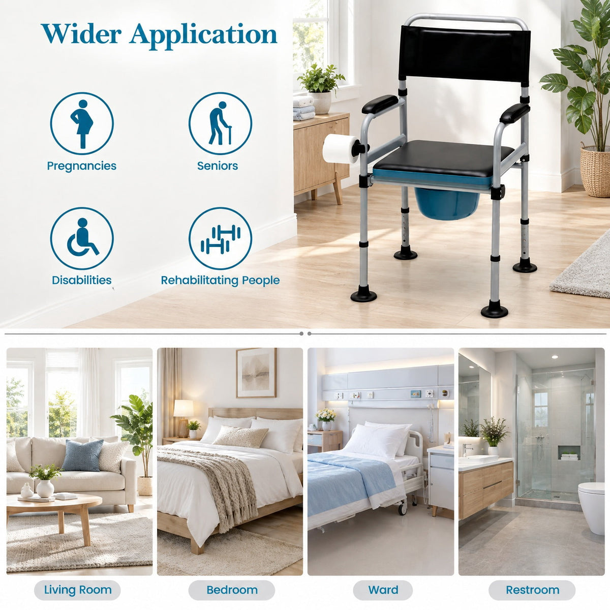 Airfind 4-in-1 Folding Bedside Commode Chair with Detachable Bucket and Towel Holder, 440 lbs Capacity, Carbonized Steel PVC Leather Frame, Silver