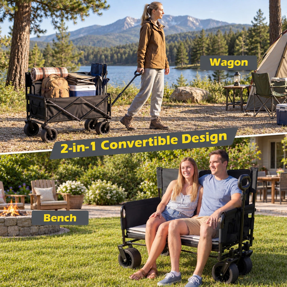 AIRFIND Collapsible Utility Wagon with 2-in-1 Bench Seat Design and 176 Lb Capacity for Beach, Camping and Outdoor Trips, Black