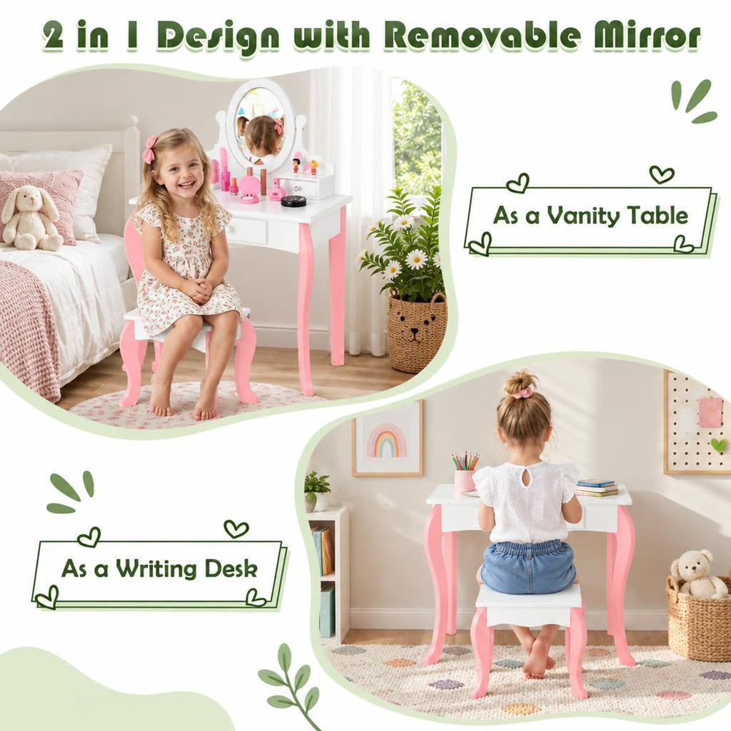 Airfind Kids Vanity Princess Makeup Dressing Table Stool Set with Mirror and Drawer, 44 lbs Capacity, MDF Frame, White