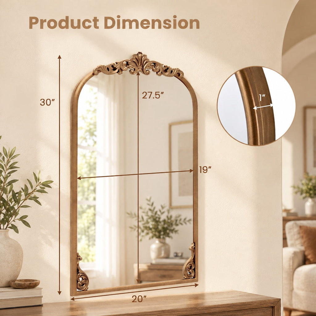 Airfind Arched Mirror for Wall Gold Traditional Vintage Ornate Baroque Mirror with Metal Frame, Resin Frame, 30 Inch x 20 Inch Footprint, Gold