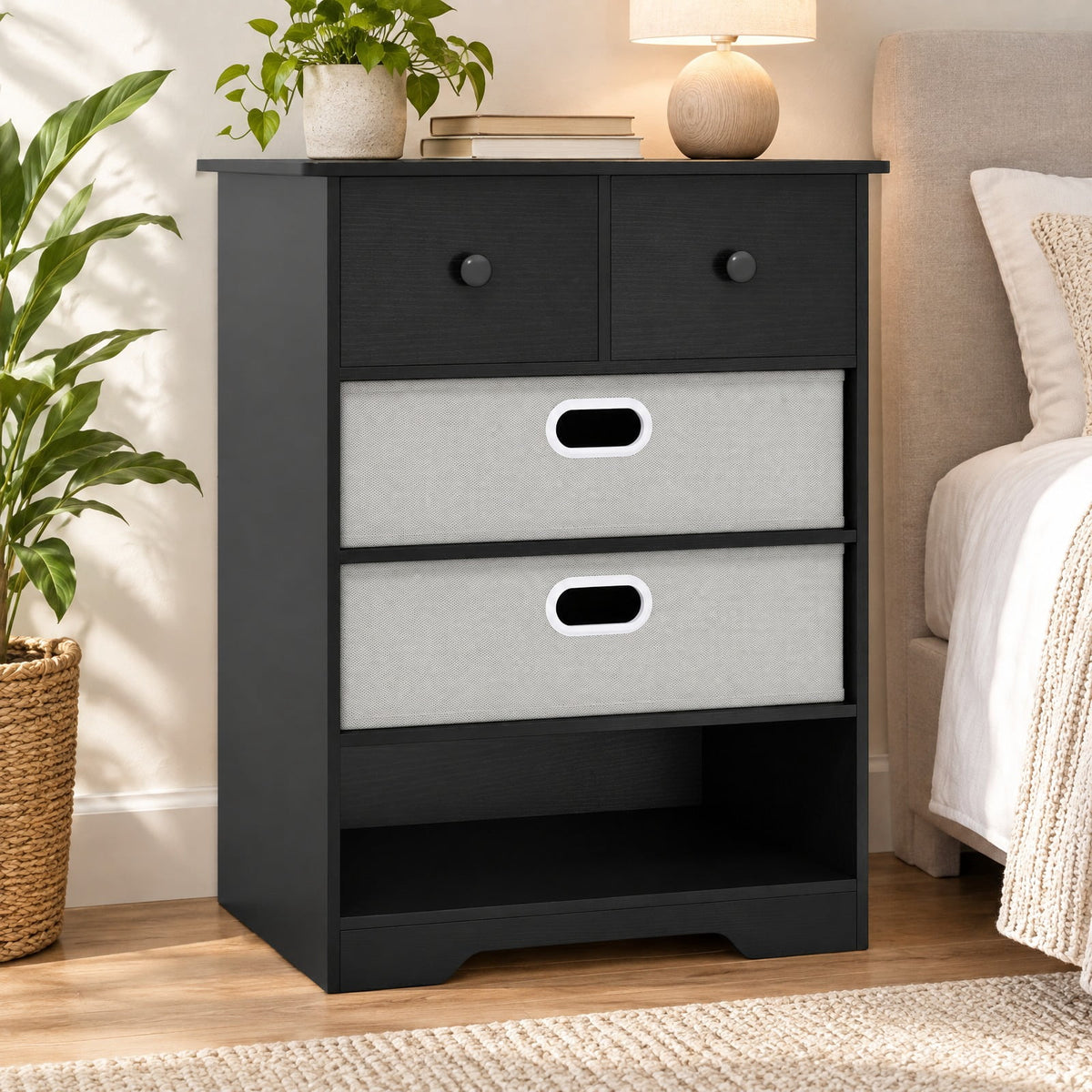 Airfind 4-Drawer Dresser Modern Chest Storage Organizer with Open Shelves, 100 lbs Capacity, Engineered Wood MDF Fabric Frame, White