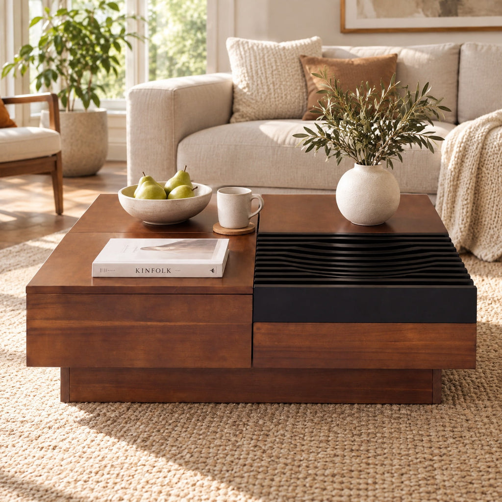 Airfind 32 Square Color-blocking Design Coffee Table with Storage Tray for Living Room, 165 lbs Capacity, Engineered Wood Frame, Walnut