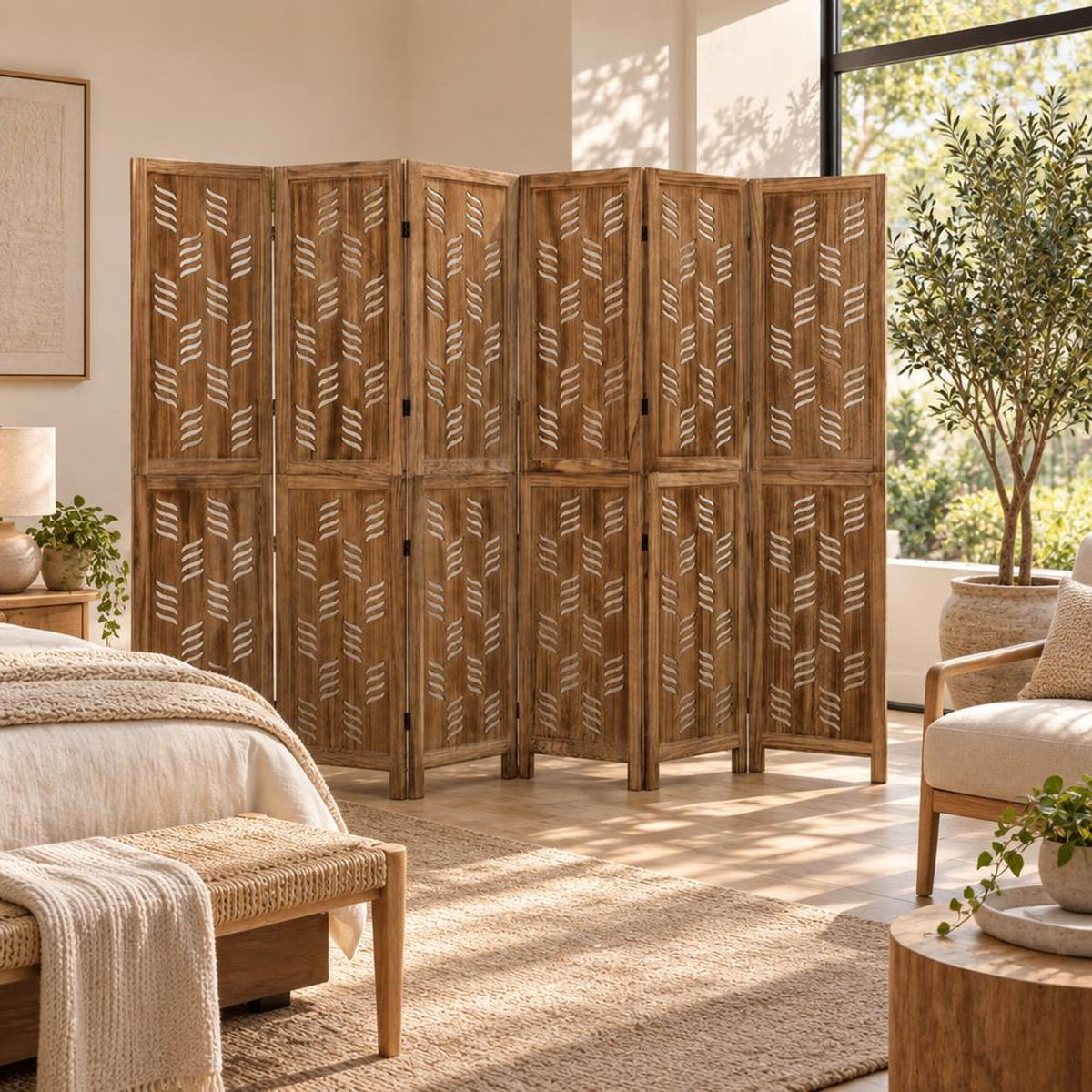 Airfind 5.5 FT Tall Room Divider 6 Panels with Wave Cutout and Paulownia Frame for Room, Paulownia Wood Metal Frame, 95in x 67in Footprint, Brown