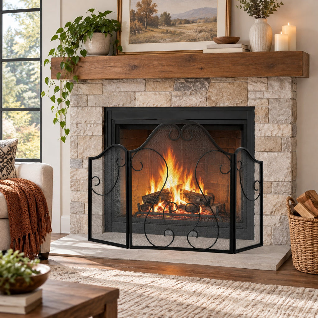 Airfind 3 Panel Fireplace Screen Foldable Spark Guard Cover with Decorative Scroll, Metal Frame, 40 × 24 Footprint, Black