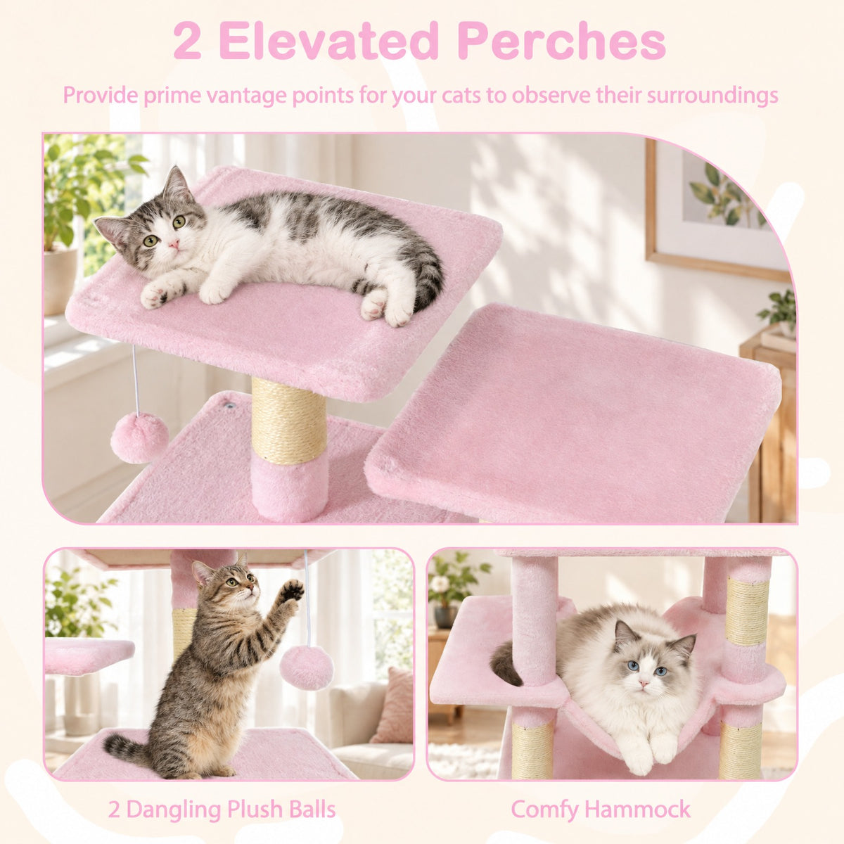 Airfind 57 Inch Cat Tree with Dual Condos and Hammock and 2 Dangling Balls, 29 x 16 Footprint, Pink