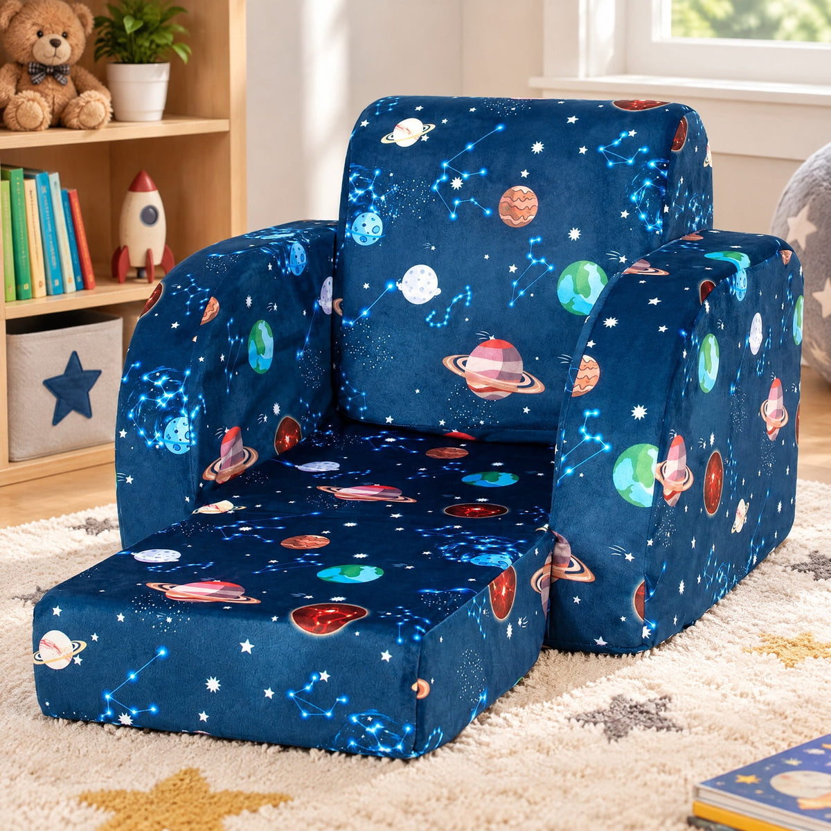 Airfind 3-in-1 Convertible Kid Sofa Bed Flip-Out Chair Lounger for Toddler, 66 lbs Capacity, Velvet fabric sponge Fully expanded Frame, Blue