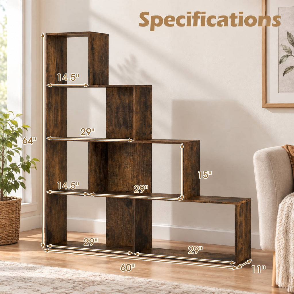 Airfind 4-Tier Stepped Bookshelf Freestanding Ladder Storage Shelf with 6 Cubes, 400 lbs Capacity, Engineered Wood Frame, 60in x 11in x 64in Footprint