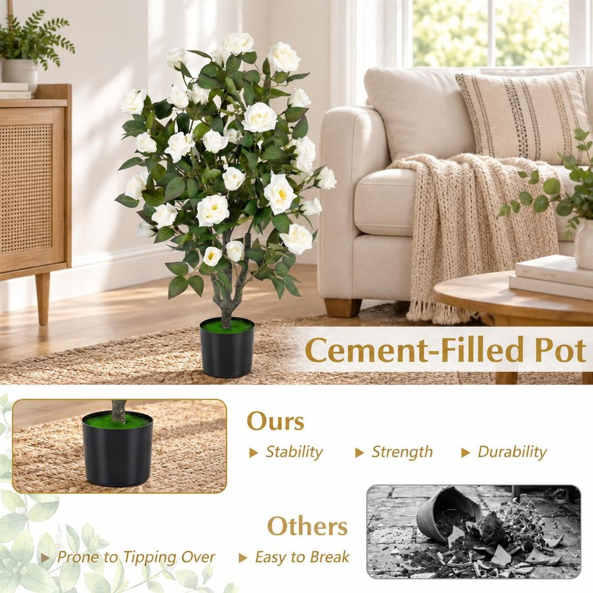 Airfind Set of 2 Artificial Rose Tree with Blooming Flowers and Green Leaves for Indoor, Silk Fabric Rubberized Fabric PE PP Tree Height 35.5 Frame