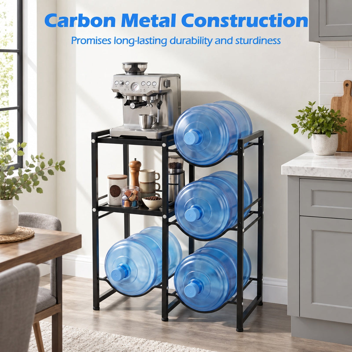 Airfind 3-Tier 5 Gallon Water Jug Holder with Shelves, 45 lbs Capacity, Carbon Steel Frame, Black, 4 bottle slots for 5-gallon water bottles