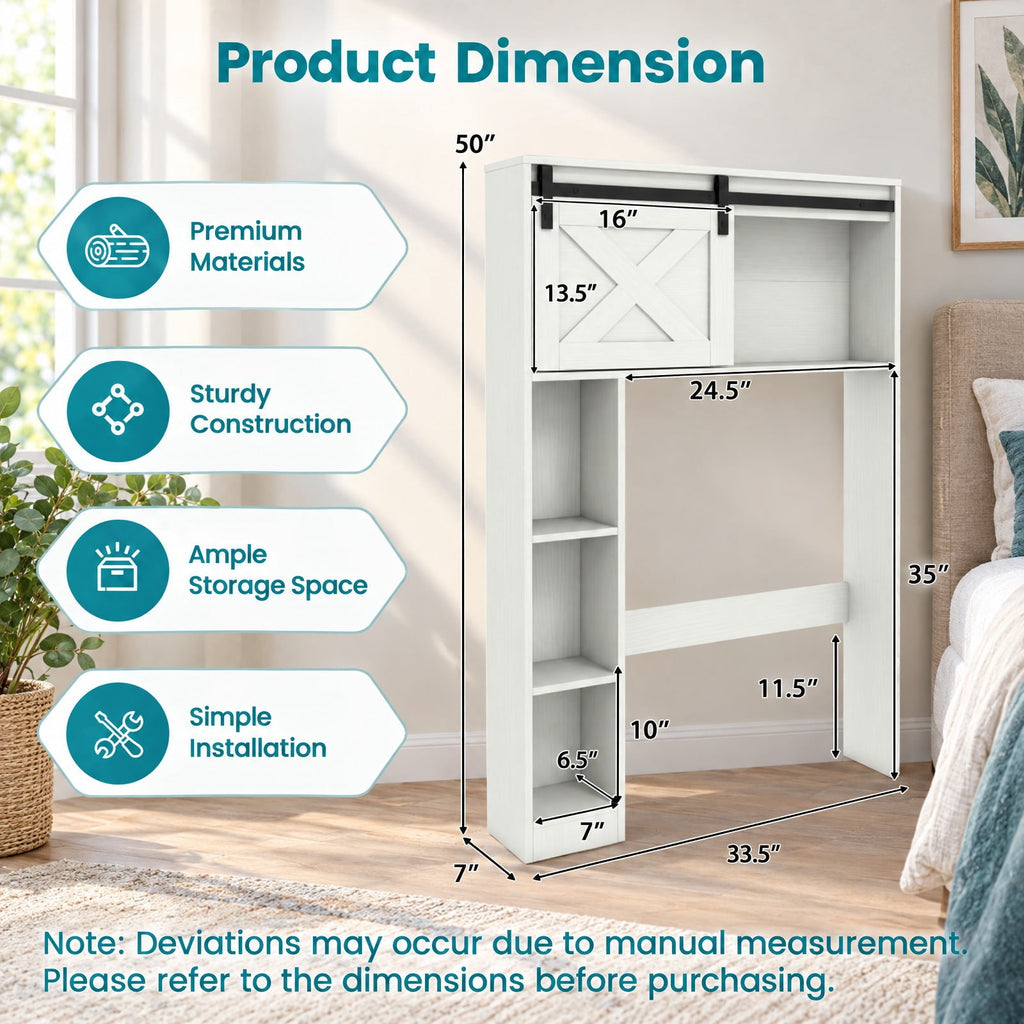 Airfind 4-Tier Over The Toilet Storage Cabinet with Sliding Barn Door and Storage Shelves, 154 lbs Capacity, Engineered Wood MDF Frame, White