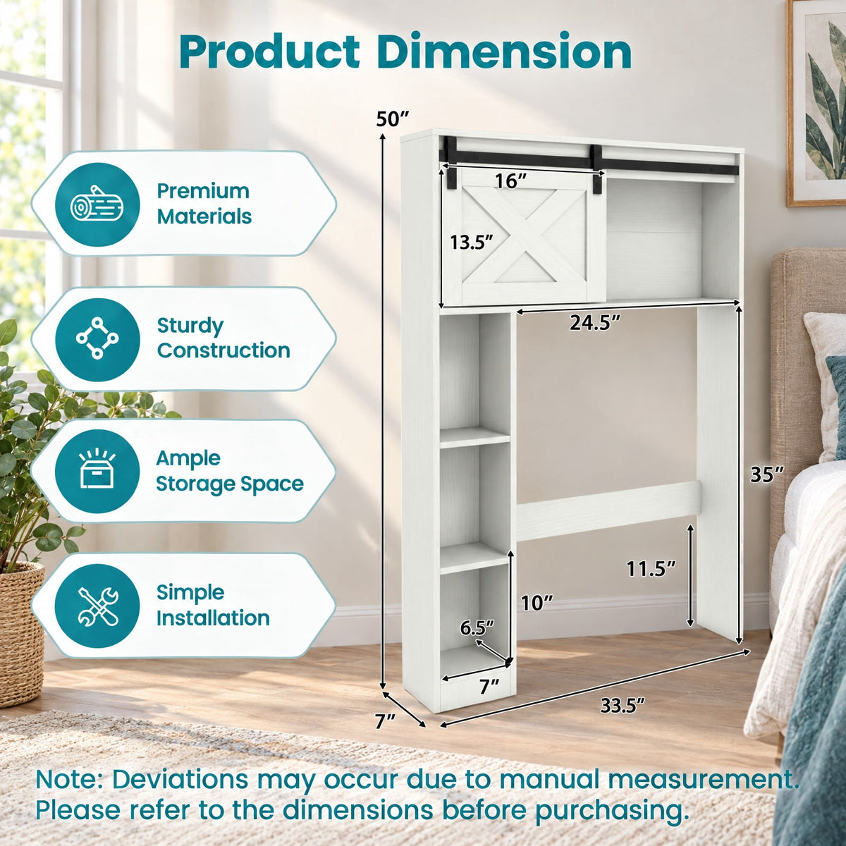 Airfind 4-Tier Over The Toilet Storage Cabinet with Sliding Barn Door and Storage Shelves, 154 lbs Capacity, Engineered Wood MDF Frame, White