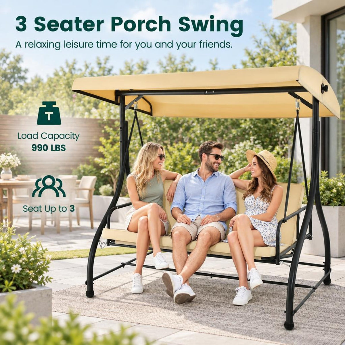 Airfind 3 Seat Outdoor Porch Swing with Adjustable Canopy, Metal Polyester Cotton Seat Height: 20 Frame, Beige