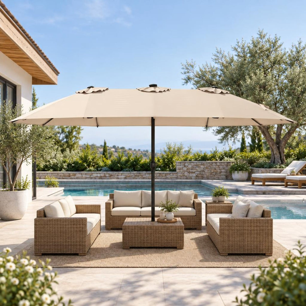 Airfind 15.5FT Extra-Large Patio Umbrella 12 Reinforced Metal Ribs, 180G Polyester Fabric Metal External Frame, Beige