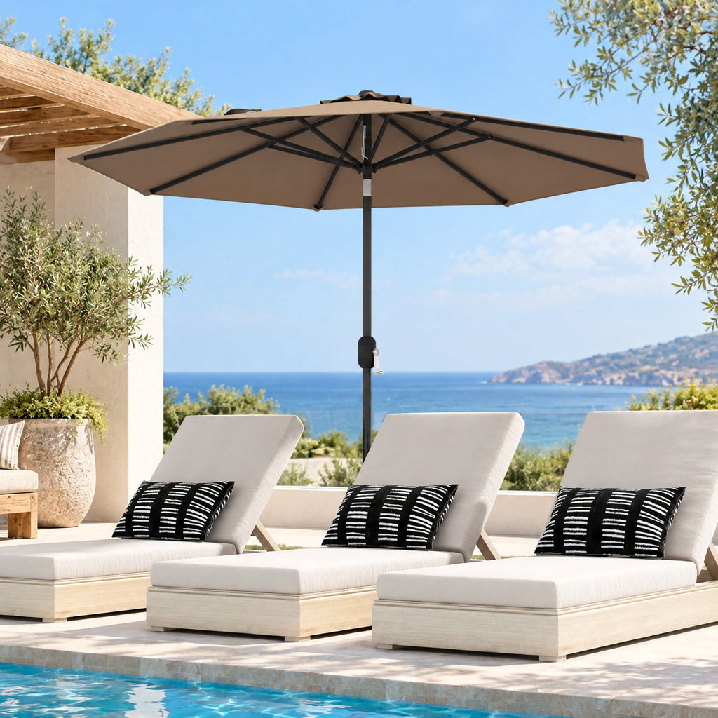Airfind 9 ft Outdoor Market Patio Table Umbrella Push Button Tilt Crank Lift, Iron Polyester Fabric Frame, Tan