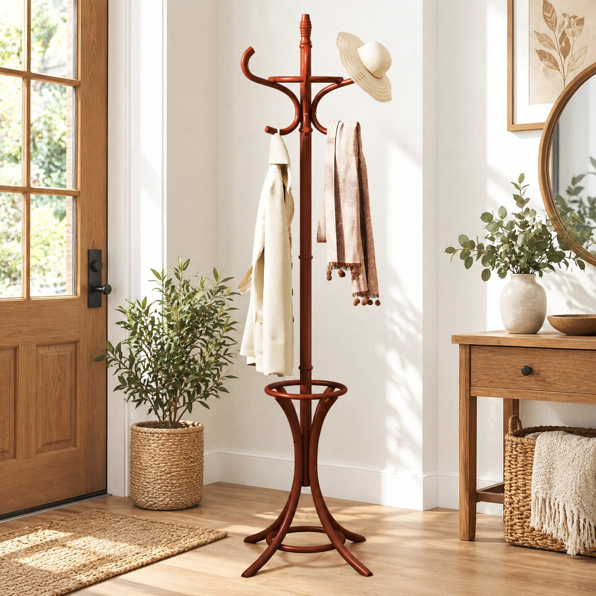 Airfind Wood Standing Hat Coat Rack with Umbrella Stand, 22 lbs Capacity, 16in x 16in x 73in Footprint, Brown