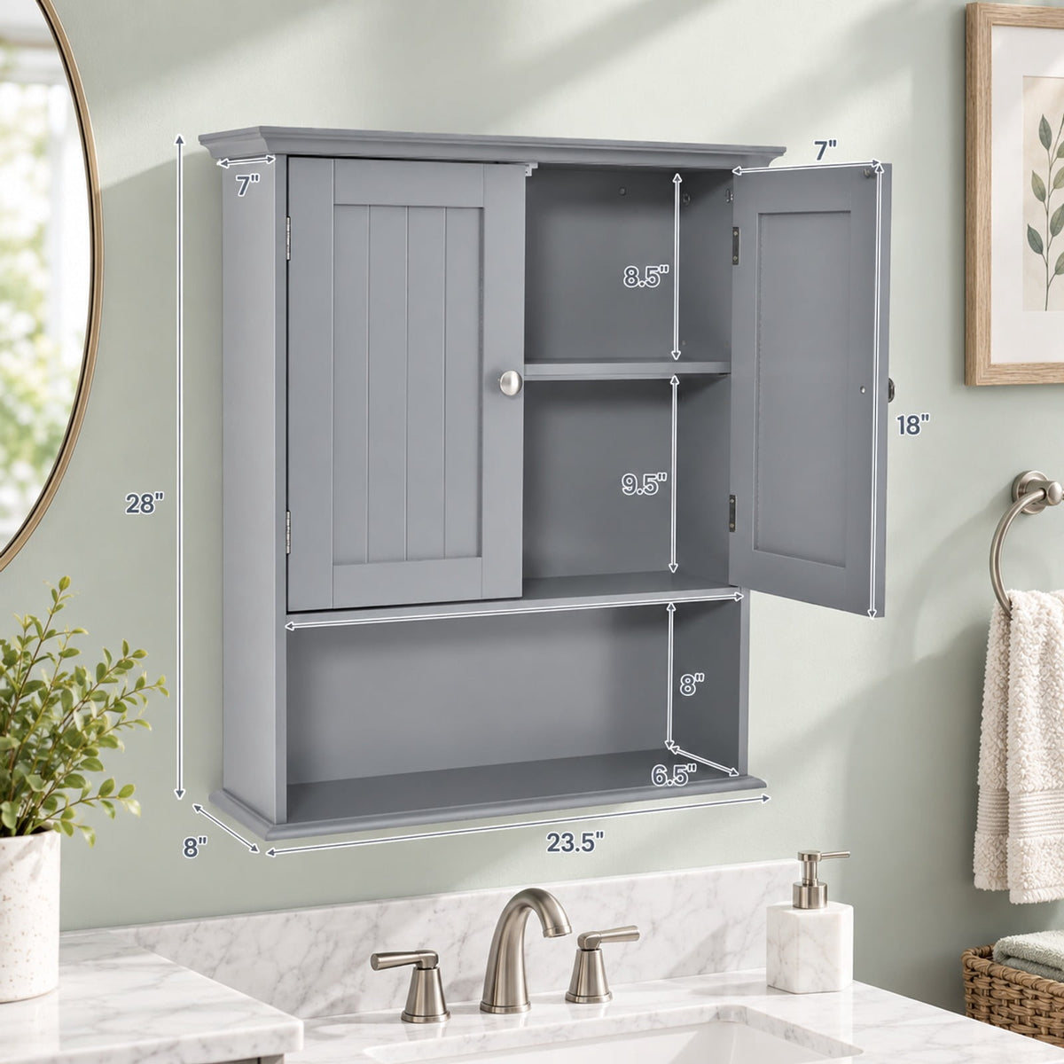 Airfind Wall Mount Bathroom Cabinet, Storage Organizer with Doors and Shelves, MDF Metal Frame, Overall dimension 23.5 Inch x 7.5 Inch x 28 Inch, Gray