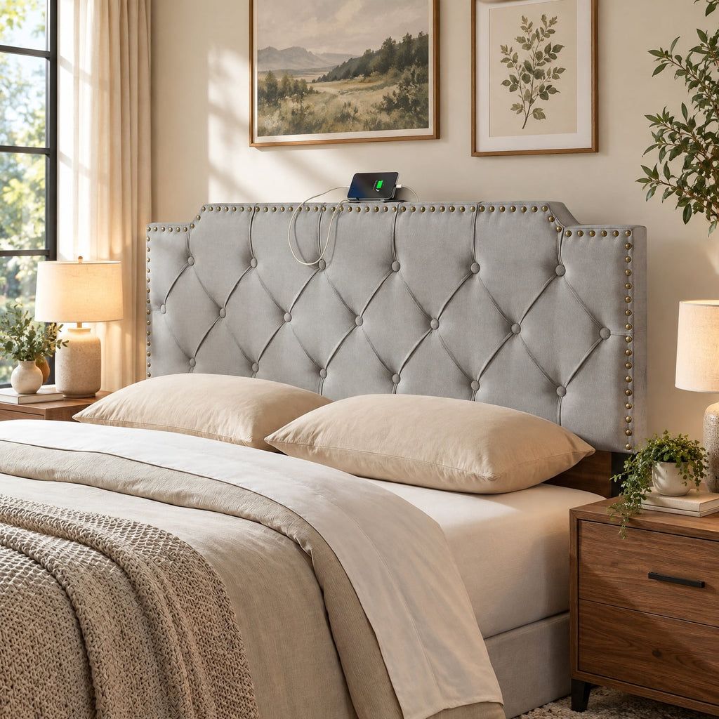 Airfind Headboard for Queen and Full Size Bed Rivet Tufted Upholstered Head Board, Rubber Wood Polyester Sponge MDF Frame, 63 x 4 x 45 Footprint