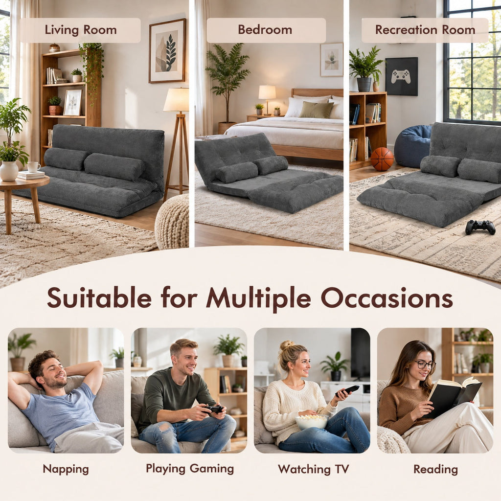 Airfind 6-Position Adjustable Sleeper Lounge Couch with 2 Pillows, Steel Corduroy Sponge Flat Frame, 71 Inch x 42.5 Inch x 7 Inch Footprint, Gray